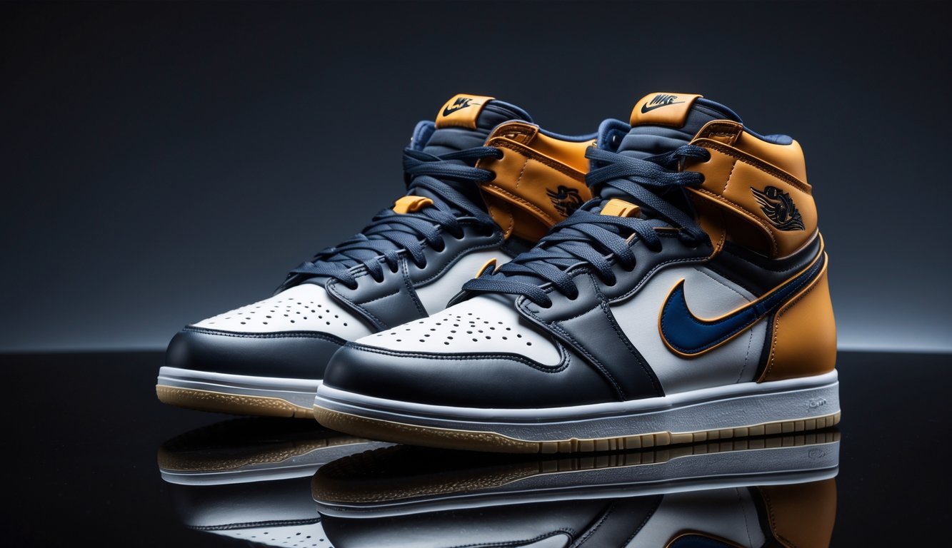 Sepasang sepatu Nike langka dan mahal yang dipajang di atas permukaan hitam reflektif dengan pencahayaan lembut.