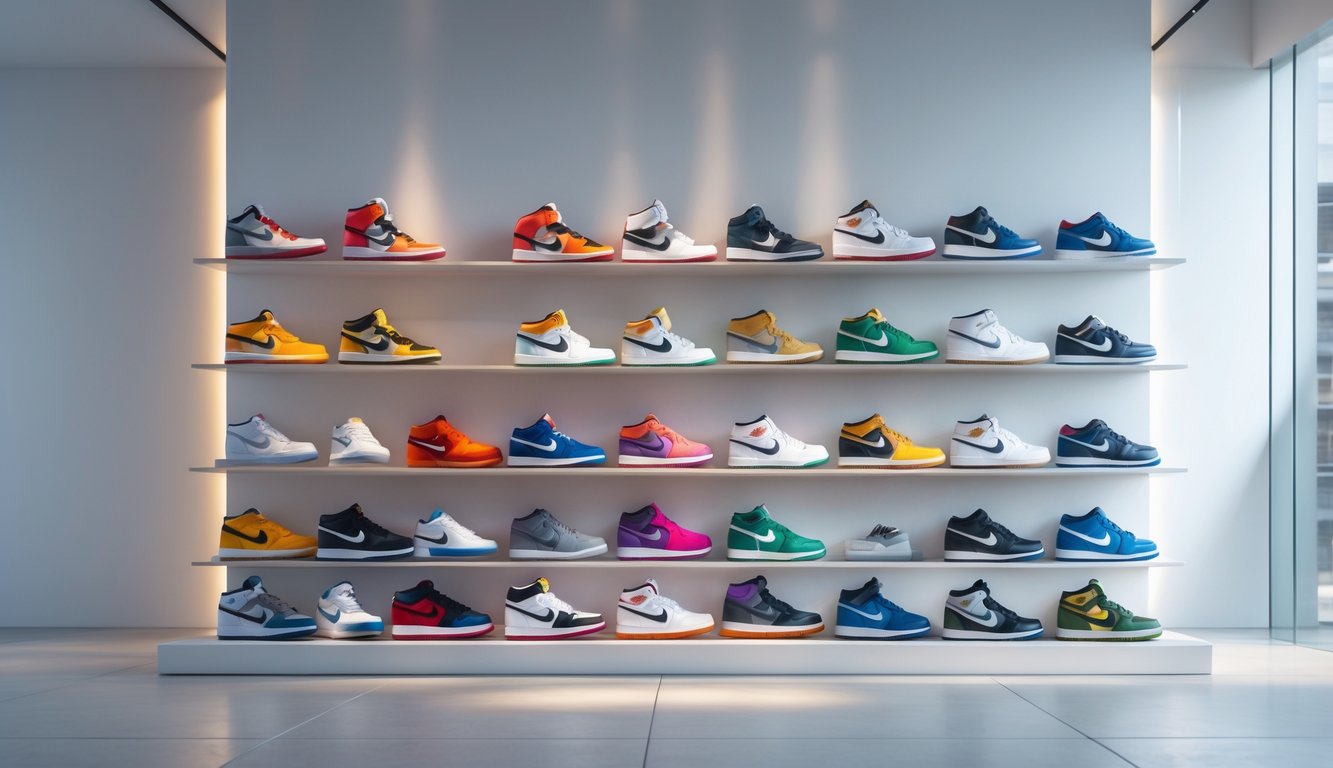 Koleksi sepatu Nike langka dan mahal yang dipajang rapi di rak dalam ruangan modern dengan pencahayaan alami.