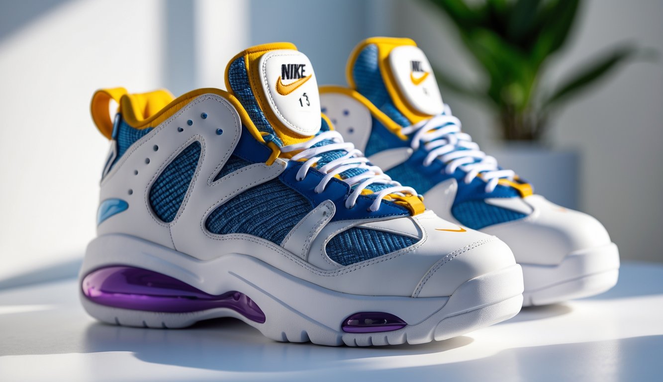 Sepasang sepatu Nike asli dan resmi yang mahal ditampilkan di atas permukaan putih dengan pencahayaan alami.