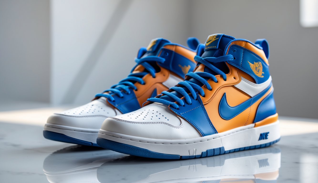 Sepasang sepatu Nike mahal dan asli yang ditampilkan di atas permukaan putih dengan pencahayaan alami.