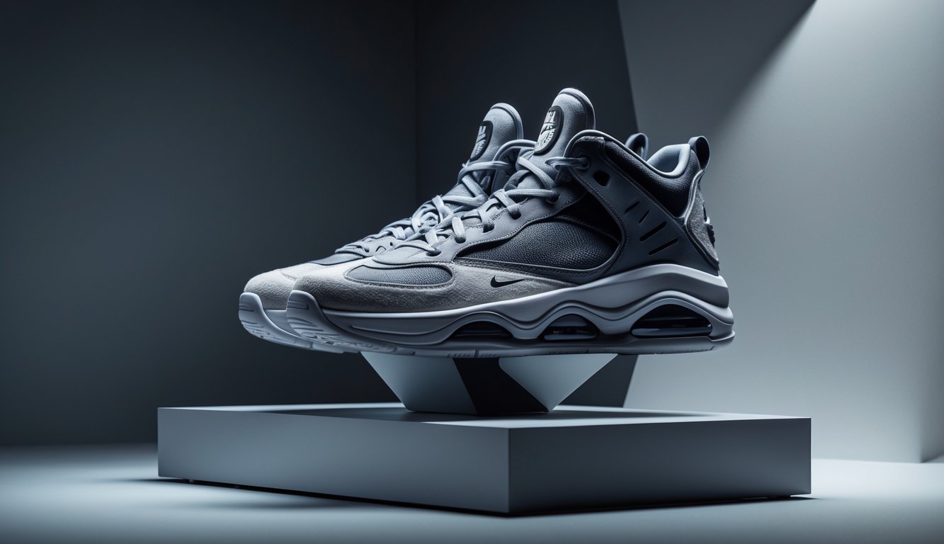 Sepasang sepatu Nike mahal dengan desain eksklusif dipajang di atas alas modern dengan latar belakang gelap.