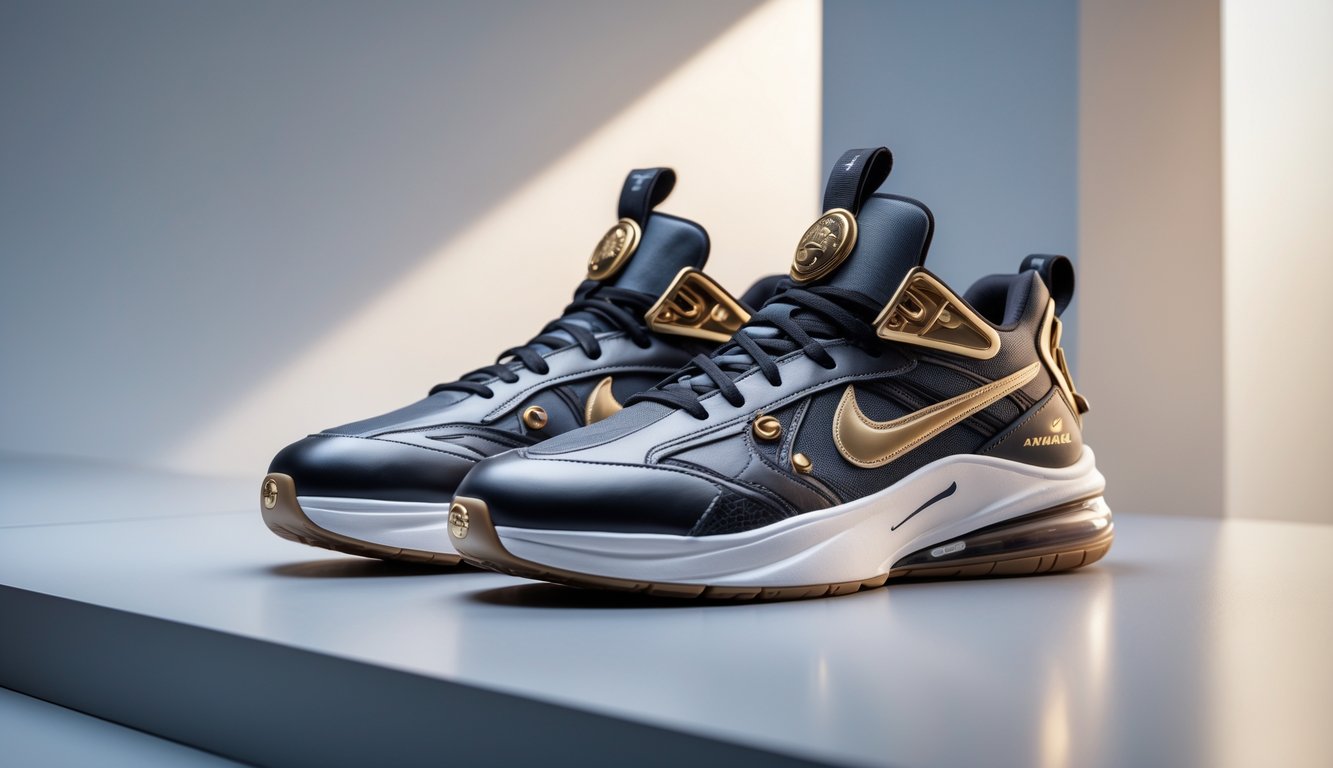 Sepasang sepatu Nike mahal dengan desain eksklusif diletakkan di atas permukaan modern dengan pencahayaan lembut.