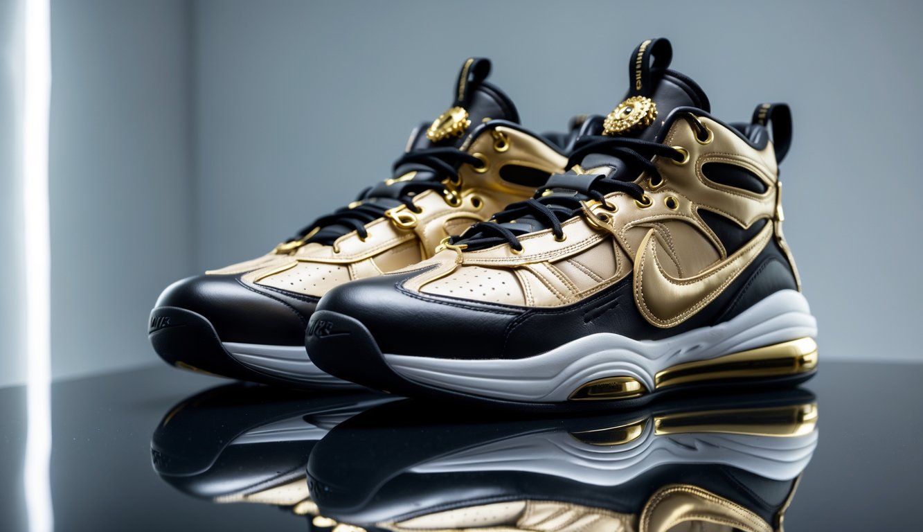Sepasang sepatu Nike mewah dan mahal dengan aksen emas, diletakkan di atas permukaan reflektif dengan latar belakang minimalis.