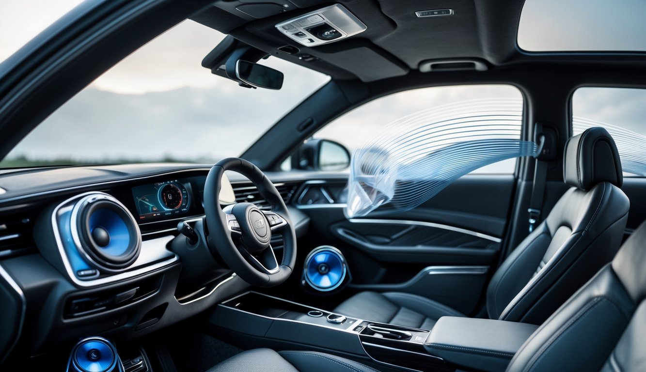 Sistem audio mobil dengan speaker dan subwoofer yang menghasilkan bass kuat dan jernih di dalam interior mobil modern.