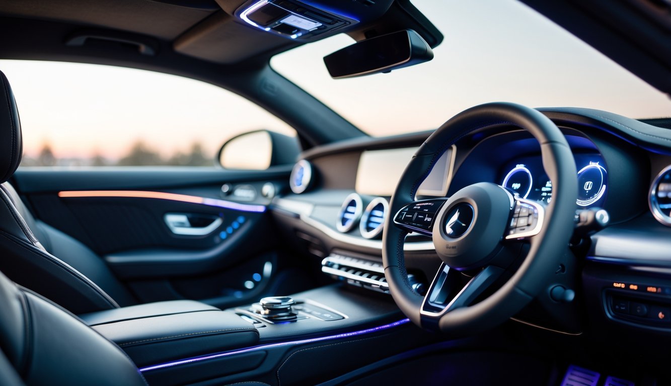 Interior mobil modern dengan sistem audio mobil berkualitas tinggi dan subwoofer besar