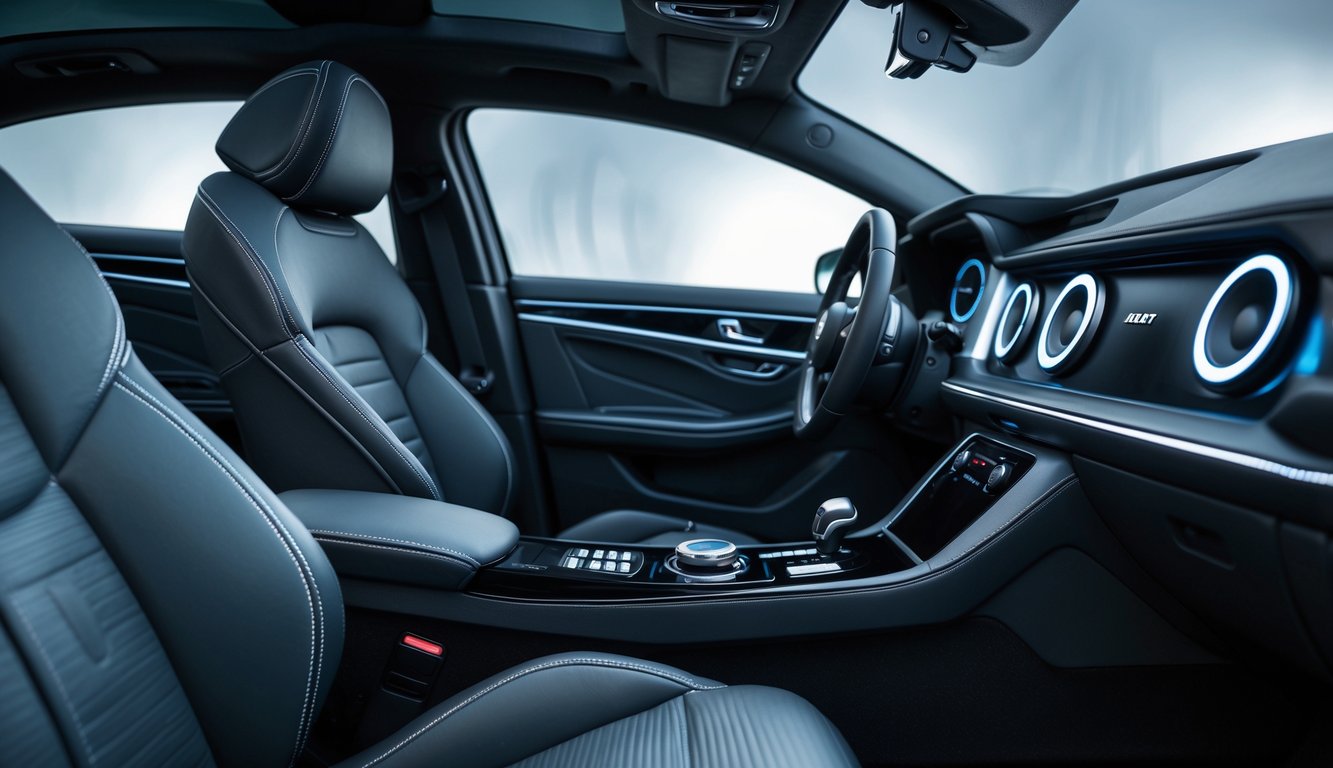 Interior mobil modern dengan sistem audio mobil berkualitas tinggi dan speaker besar yang menunjukkan bass kuat.