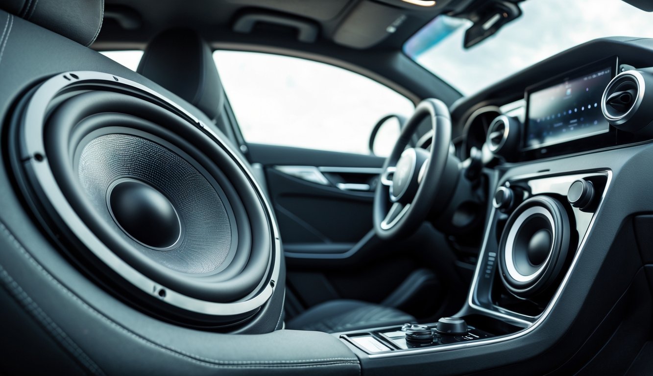 Interior mobil modern dengan sistem audio berkualitas tinggi dan speaker besar yang menghasilkan bass kuat.