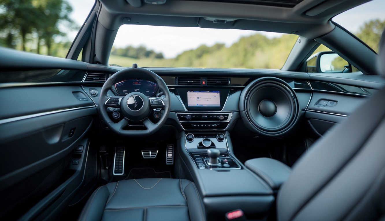 Interior mobil dengan sistem audio mobil yang menampilkan speaker bass besar dan perangkat audio berkualitas tinggi.