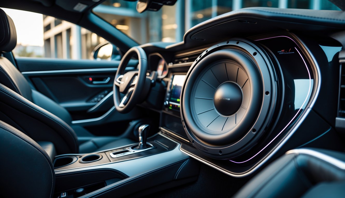 Interior mobil modern dengan sistem audio dan subwoofer yang terlihat jelas, menampilkan peralatan audio mobil dengan bass kuat.