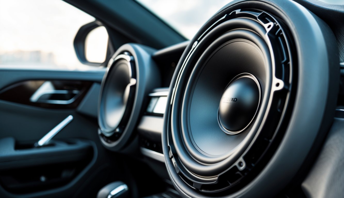 Sistem speaker audio mobil terbaru dengan bass kuat terpasang di pintu mobil.