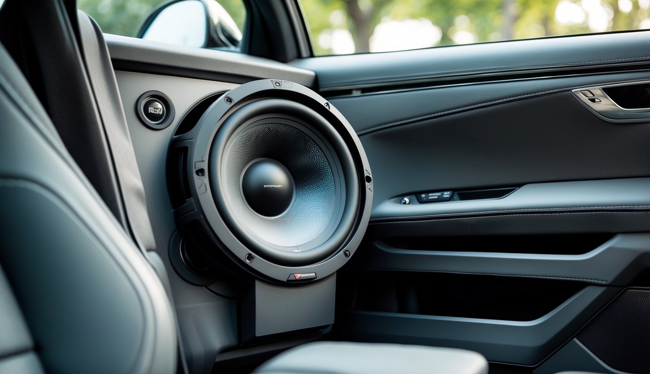 Interior mobil modern dengan speaker audio dan subwoofer yang terlihat jelas di pintu mobil.