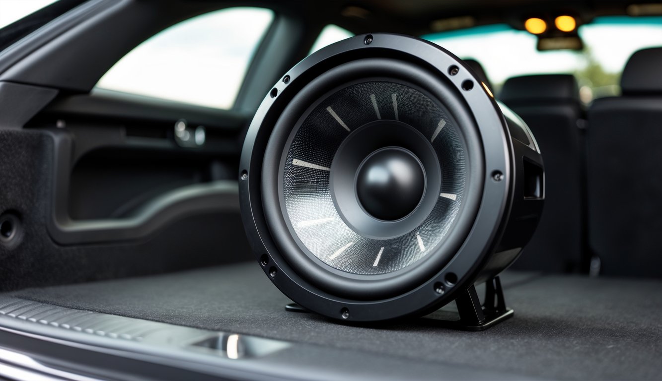 Sistem subwoofer audio mobil yang terpasang di bagasi mobil dengan suara bass yang kuat.