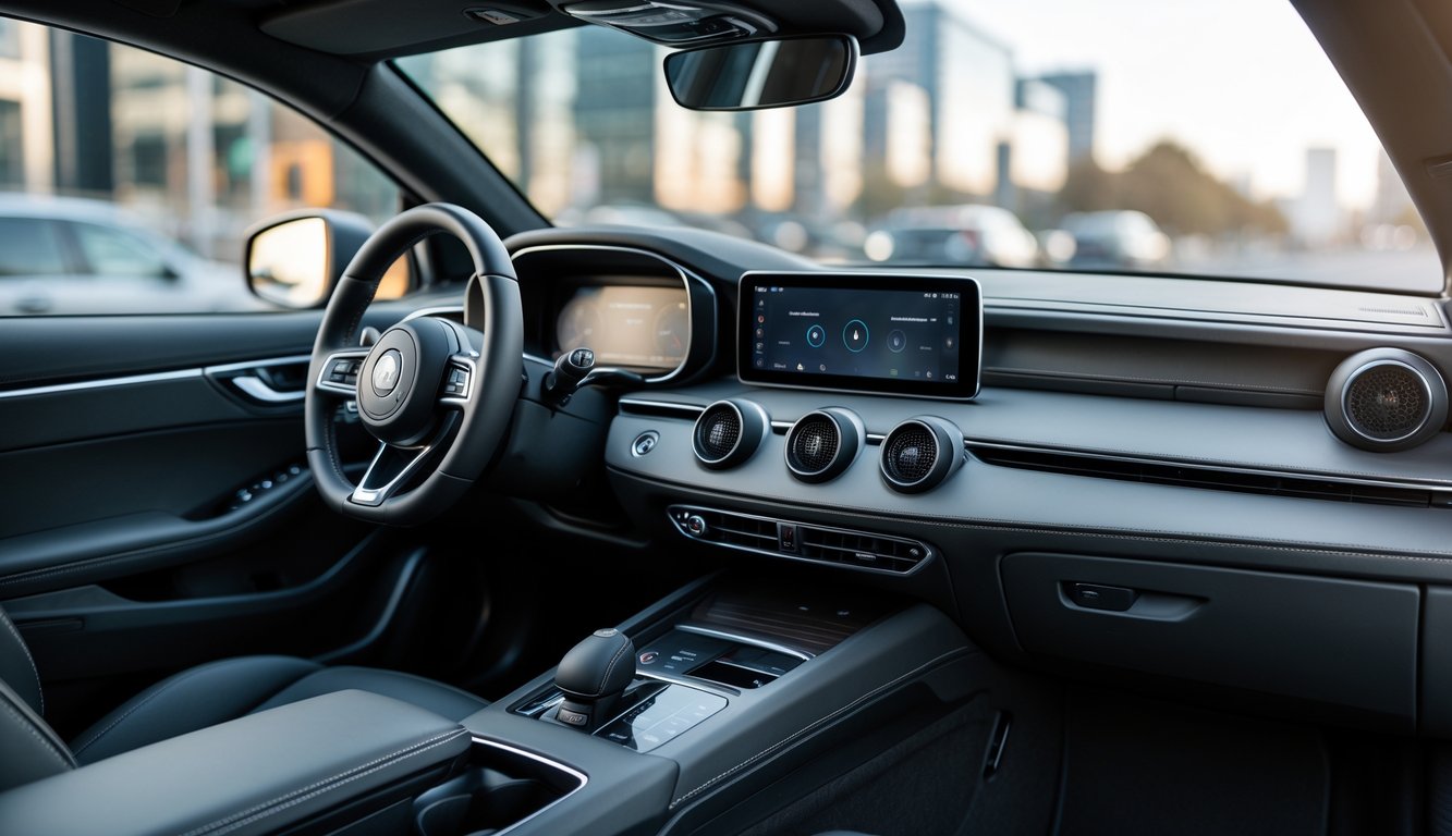 Interior mobil modern dengan sistem audio berkualitas tinggi yang menonjolkan bass kuat, terlihat dari dashboard dan kursi depan mobil di siang hari.