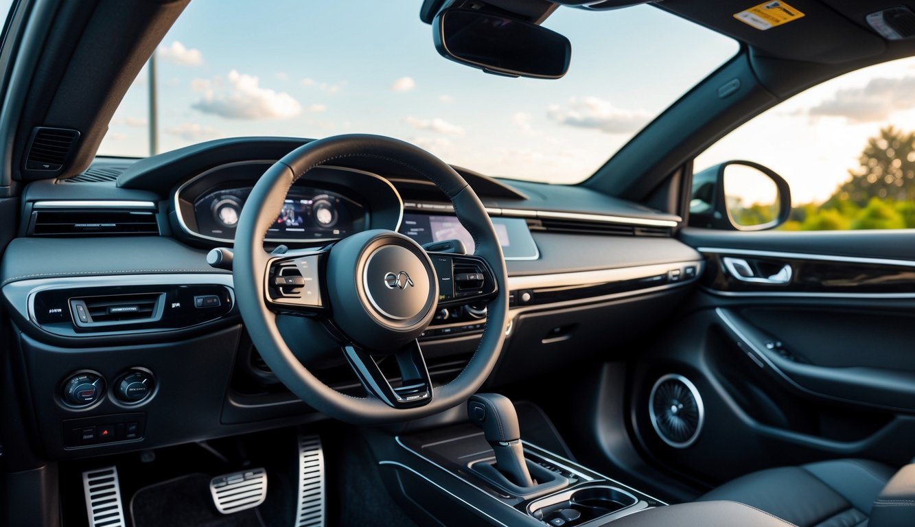 Interior mobil modern dengan sistem audio berkualitas tinggi dan speaker bass besar.