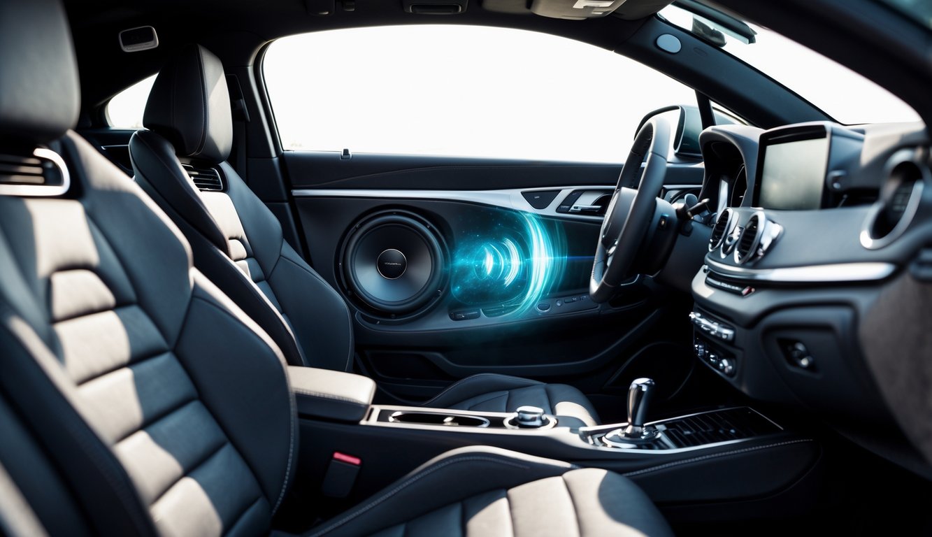 Interior mobil modern dengan sistem audio berkualitas tinggi dan subwoofer besar yang menunjukkan bass kuat.