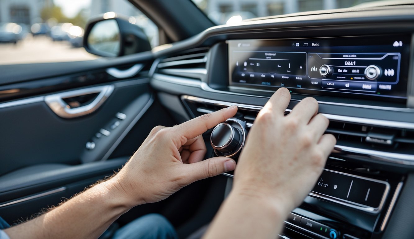 Seorang pria di dalam mobil sedang mengatur sistem audio mobil untuk meningkatkan bass.