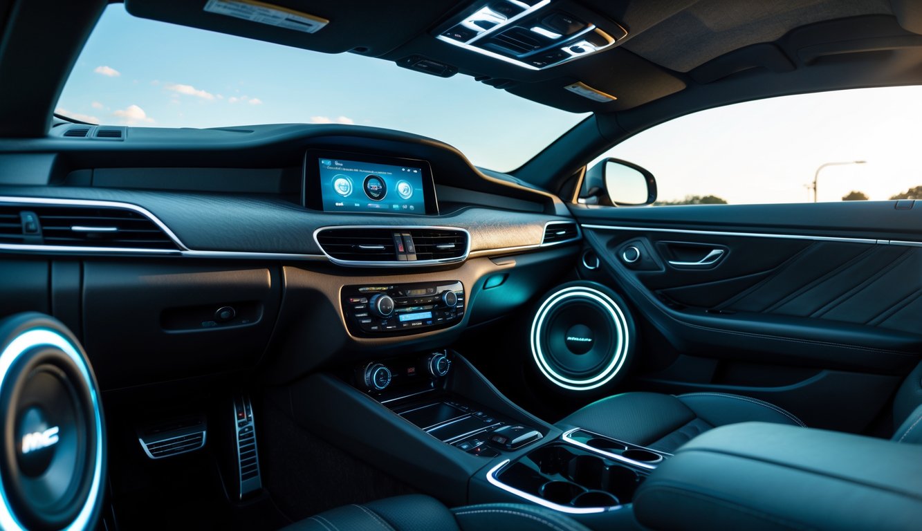 Interior mobil modern dengan sistem audio canggih dan subwoofer besar yang menonjolkan bass kuat.