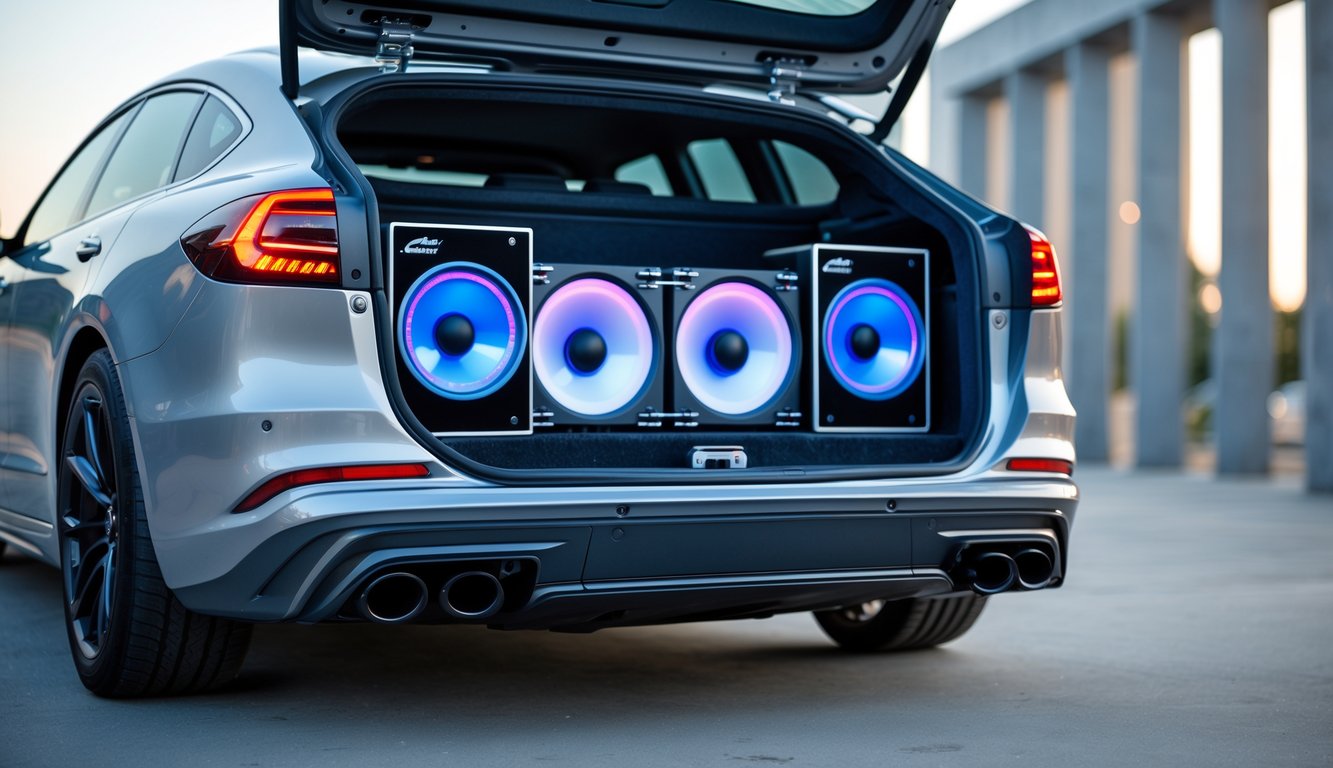 Mobil modern dengan sistem audio bass besar yang terlihat dari bagasi terbuka, menunjukkan suara bass yang kuat.
