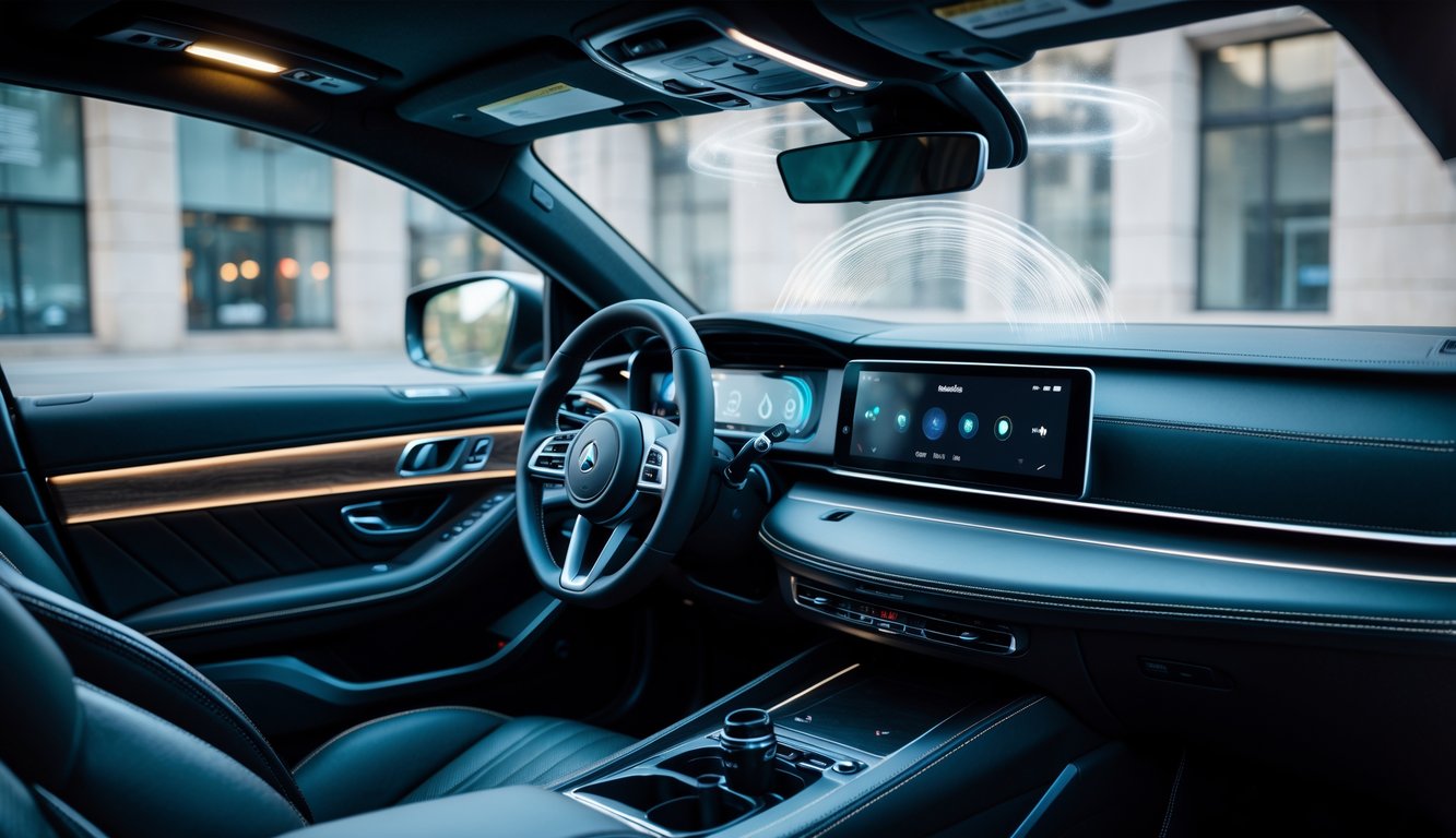 Interior mobil modern dengan sistem audio berkualitas tinggi dan speaker besar yang menunjukkan suara bass kuat.