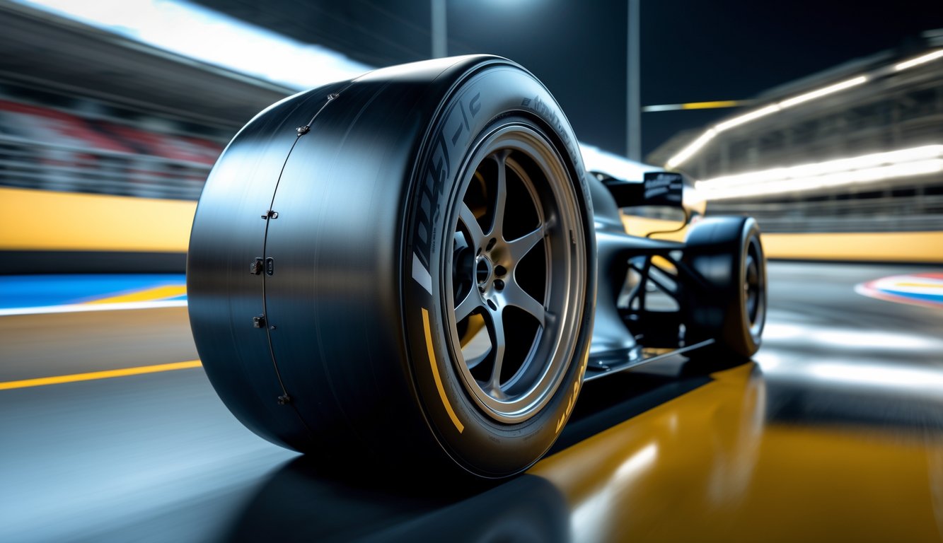 Ban balap Formula 1 slick yang baru dan bersih terpasang pada roda mobil balap di lintasan balap.