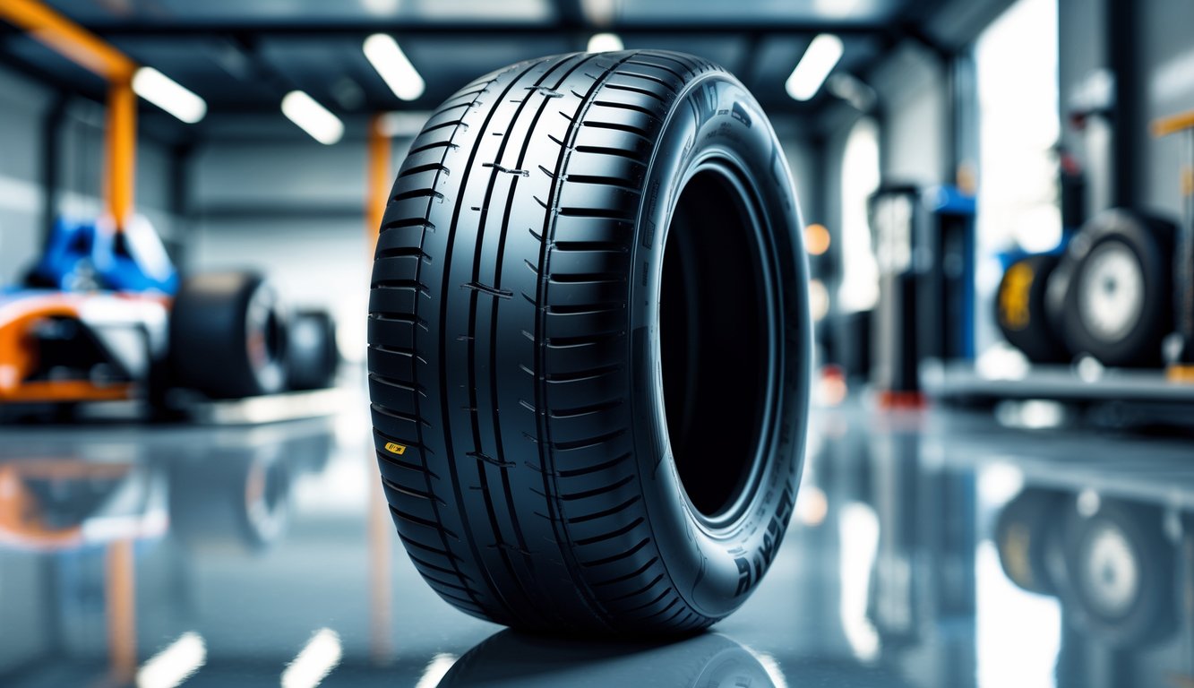 Ban slick Formula 1 baru yang ditampilkan di atas permukaan reflektif dengan latar belakang garasi balap yang modern.