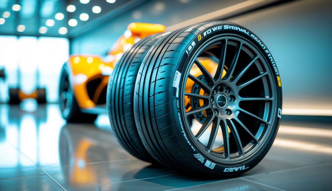 Ban slick Formula 1 baru yang dipajang di lantai showroom dengan latar belakang buram.