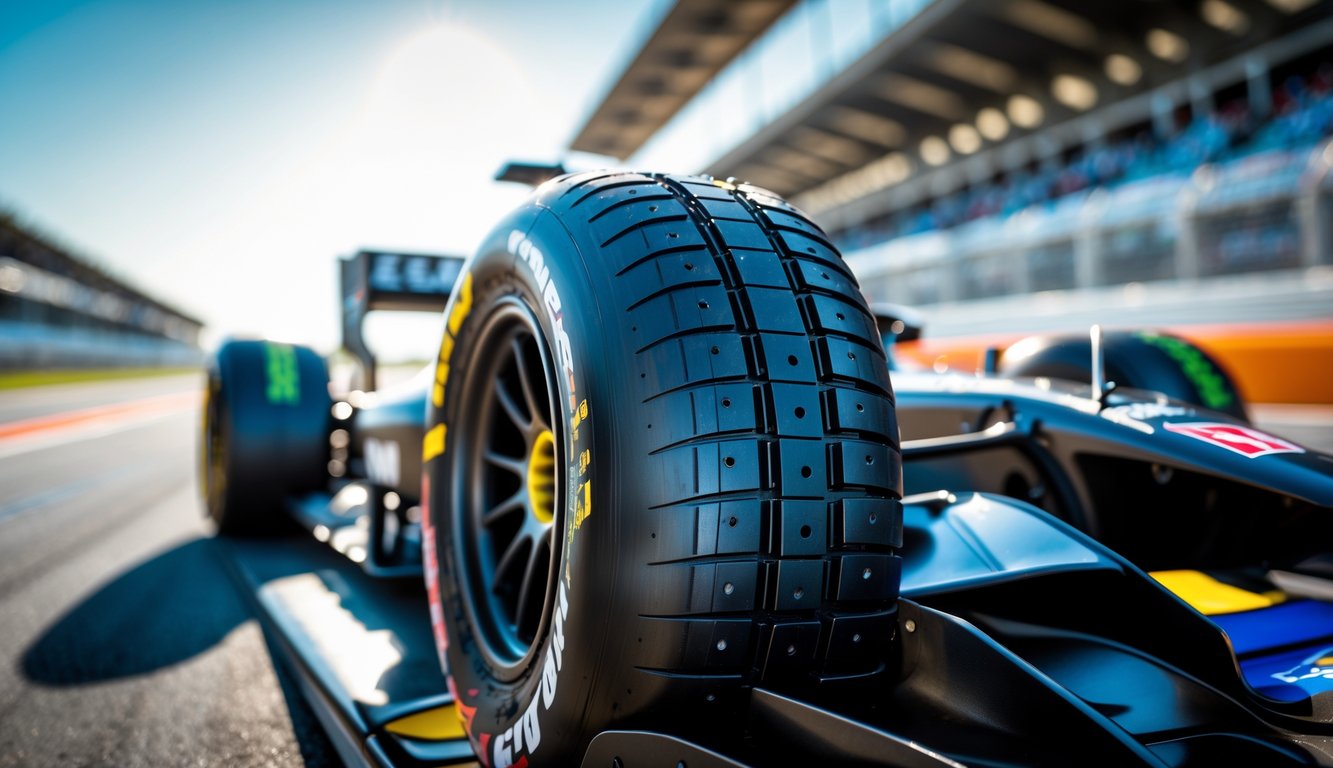 Ban slick Formula 1 baru terpasang pada mobil balap di lintasan dengan latar belakang tribun penonton.