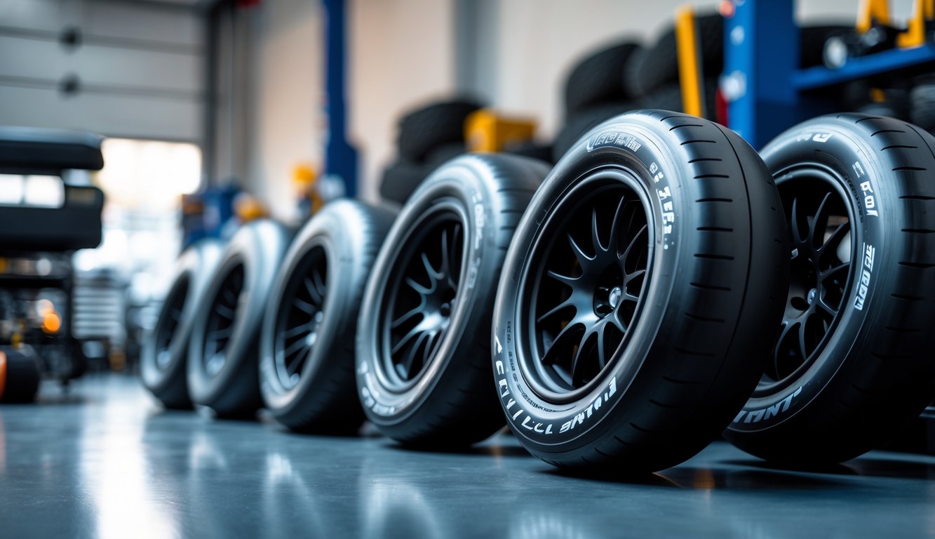 Beberapa ban slick F1 baru dan berkualitas tinggi di sebuah bengkel mobil yang rapi dan terang.