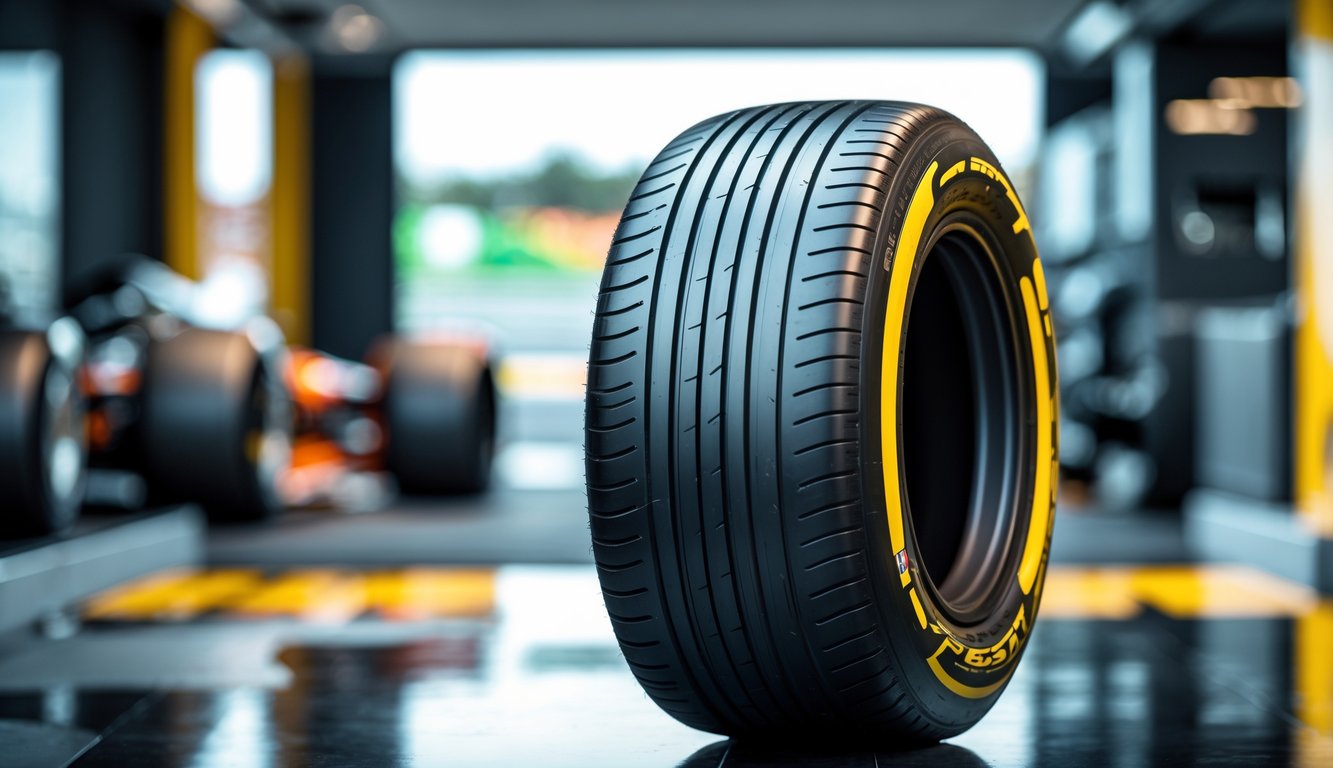 Ban slick Formula 1 asli berkualitas premium dipajang di ruang pamer dengan latar belakang lintasan balap yang samar.