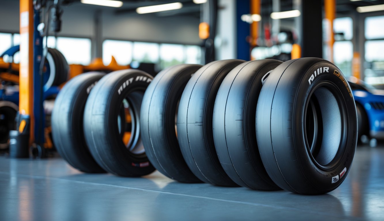 Set ban slick F1 baru yang tersusun rapi di dalam bengkel atau ruang pamer otomotif dengan latar belakang peralatan balap.