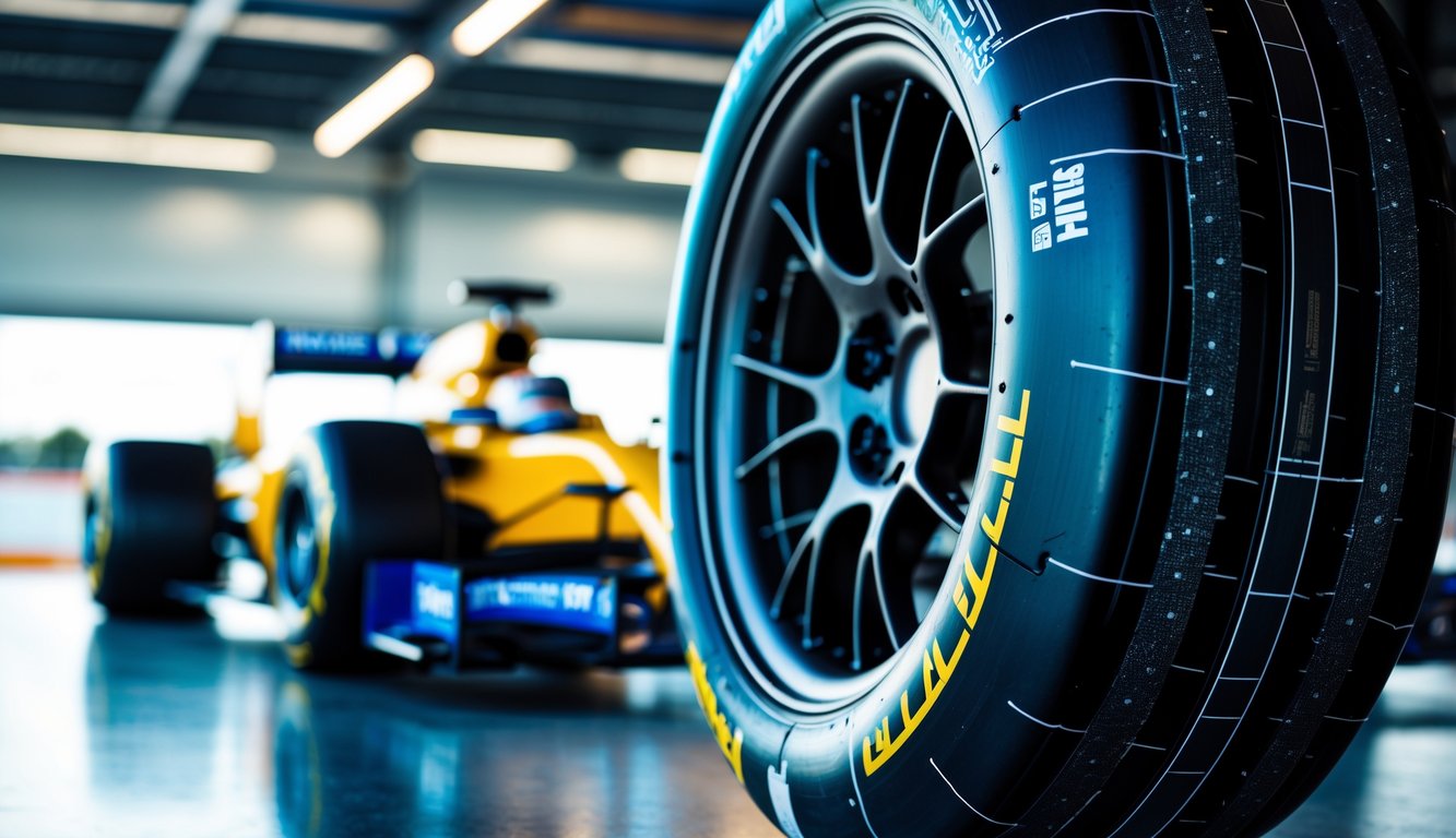 Ban slick F1 baru dipasang pada velg balap di dalam garasi balap profesional dengan latar belakang mobil Formula 1 dan peralatan balap yang samar.