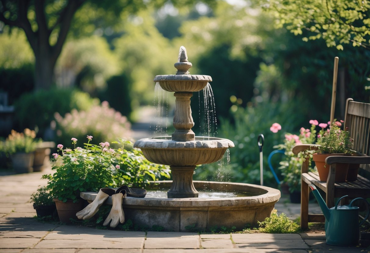 A garden fountain surrounded by plants with gardening tools and gloves nearby under soft daylight.