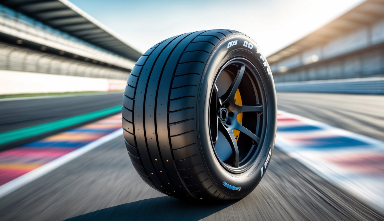 Ban balap Formula 1 hitam dengan tapak tinggi di sirkuit balap yang modern.