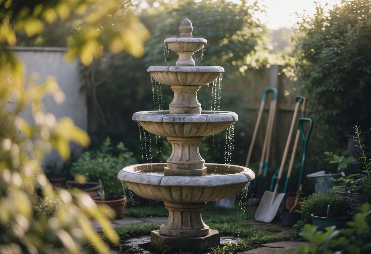 A classic tiered stone fountain in a garden surrounded by greenery and gardening tools.