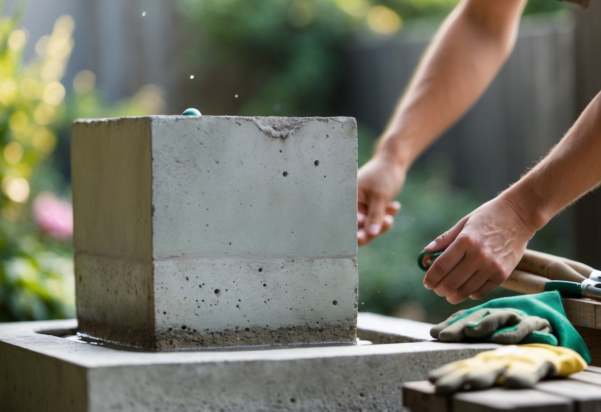 A modern minimalist concrete garden fountain outdoors with hands adjusting a gardening tool nearby and gardening gloves on a bench, surrounded by greenery.