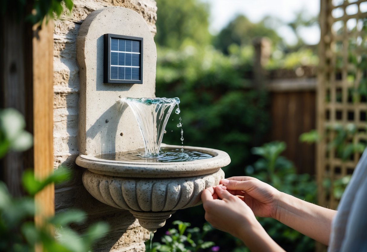 A solar-powered wall fountain mounted on a garden wall surrounded by greenery, with hands adjusting it and garden tools nearby.