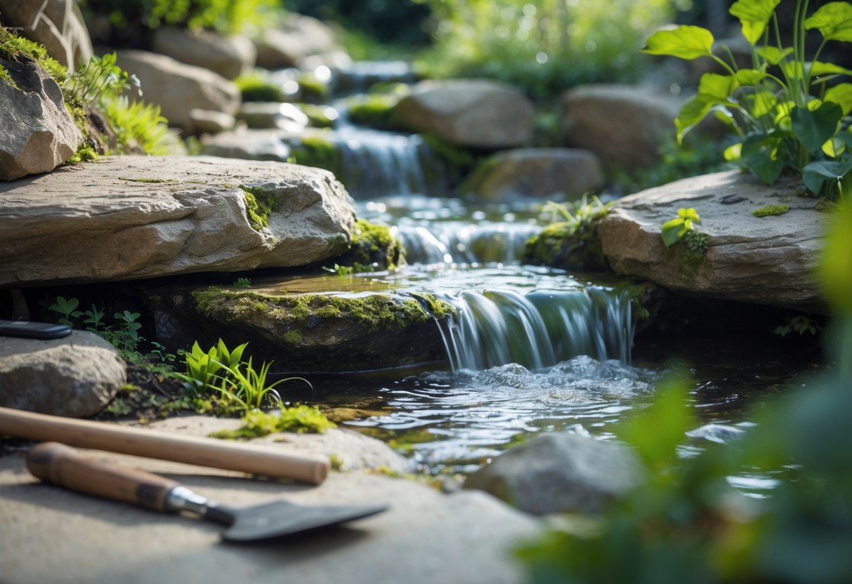 A natural rock water cascade in a garden with flowing water over mossy rocks, surrounded by green plants and garden tools resting nearby.