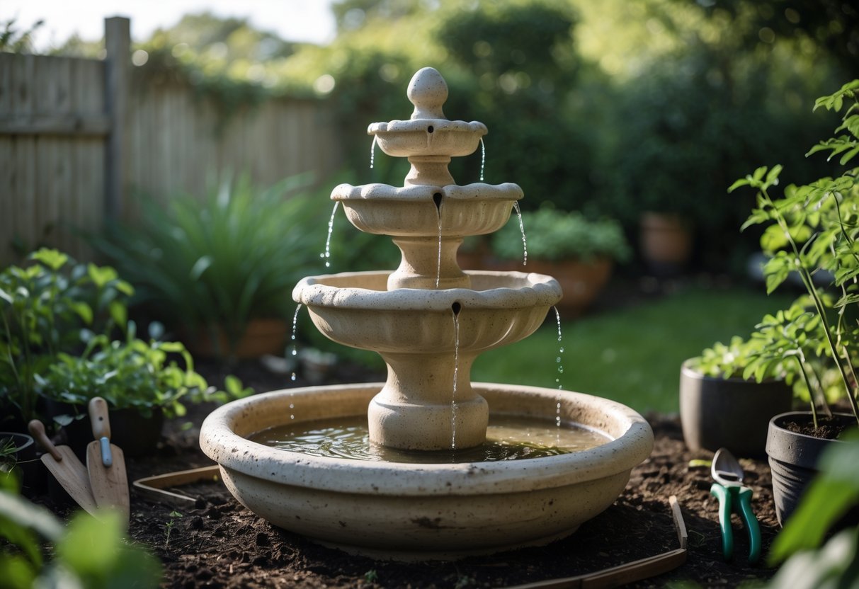 A tiered ceramic garden fountain outdoors surrounded by green plants and gardening tools placed nearby in a garden setting.