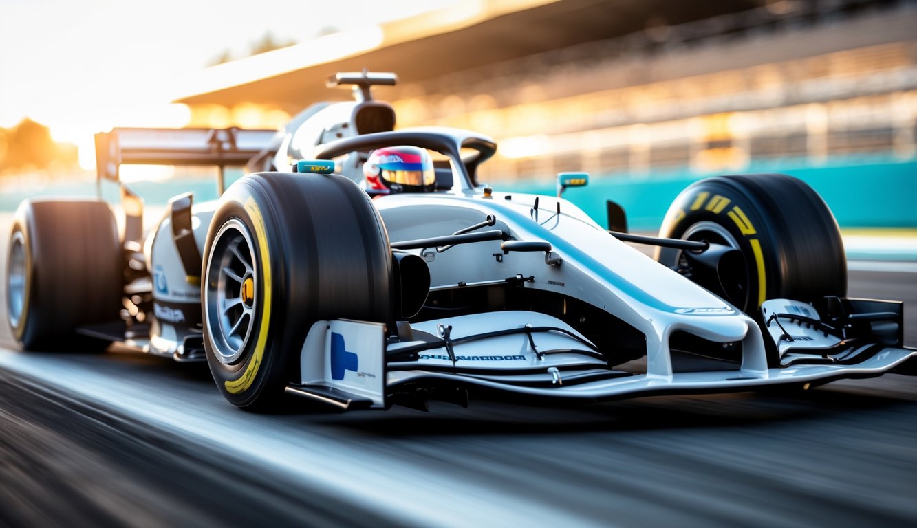 Ban slick F1 asli dan terbaik terpasang pada mobil balap di lintasan balap.