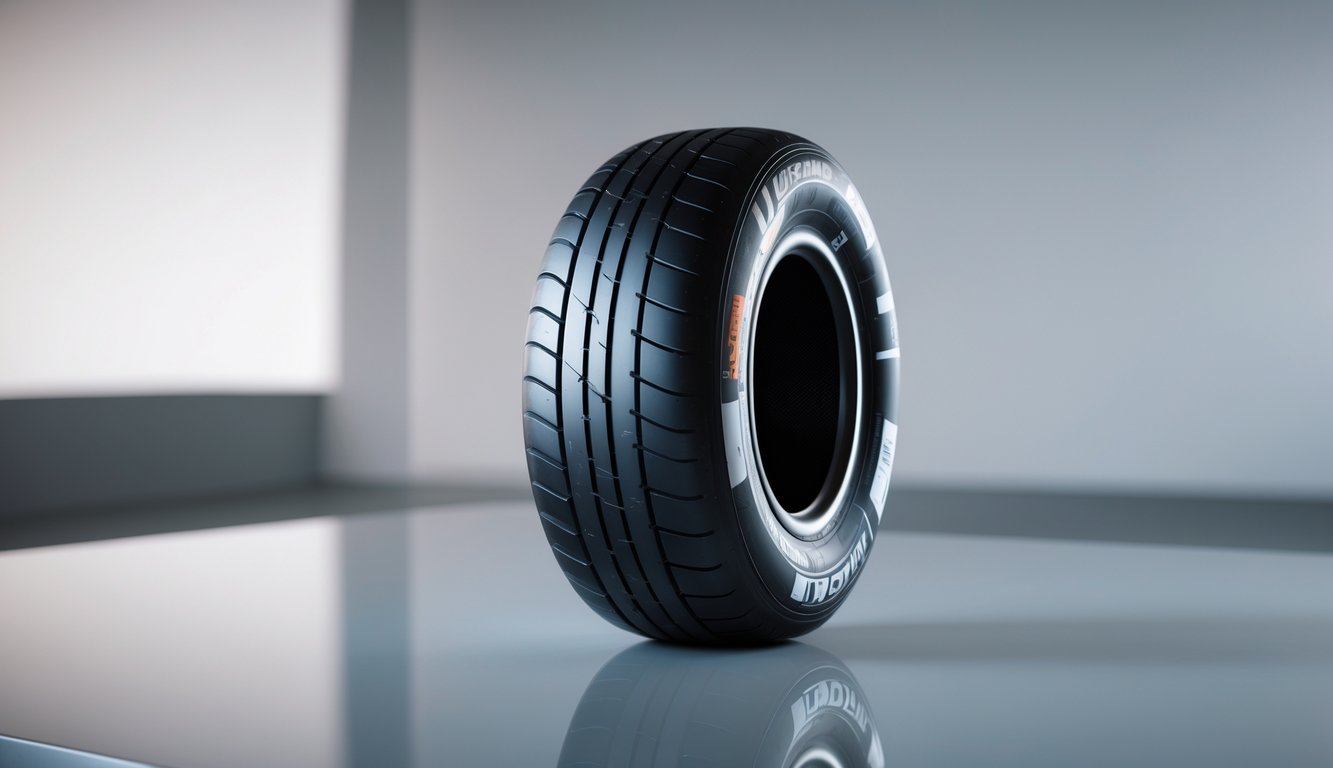 Ban slick Formula 1 asli berdiri tegak di permukaan reflektif dengan latar belakang kabur.