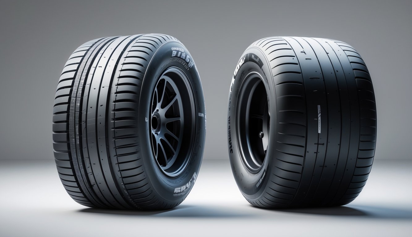 Perbandingan dua ban slick Formula 1 berdiri berdampingan, satu ban asli dan satu ban replika, dengan latar belakang netral.