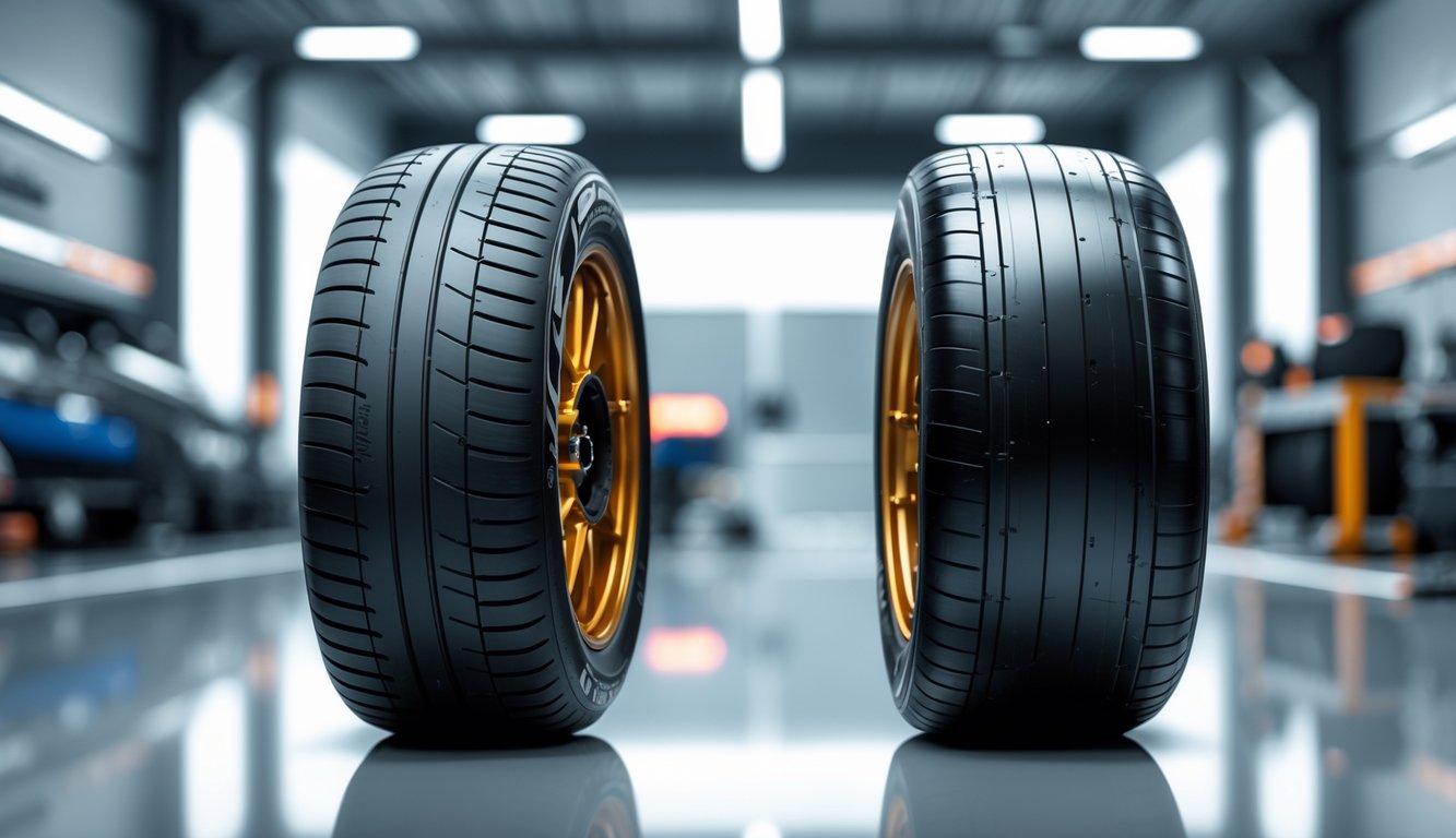 Dua ban balap Formula 1 jenis slick diletakkan berdampingan untuk menunjukkan perbedaan antara ban asli dan ban replika.