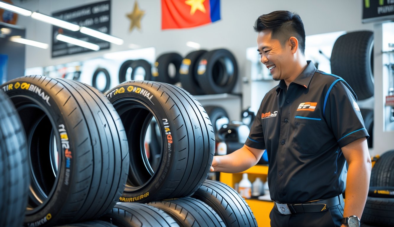 Toko ban motor dengan ban slick F1 asli yang tertata rapi dan seorang pegawai sedang membantu pelanggan.