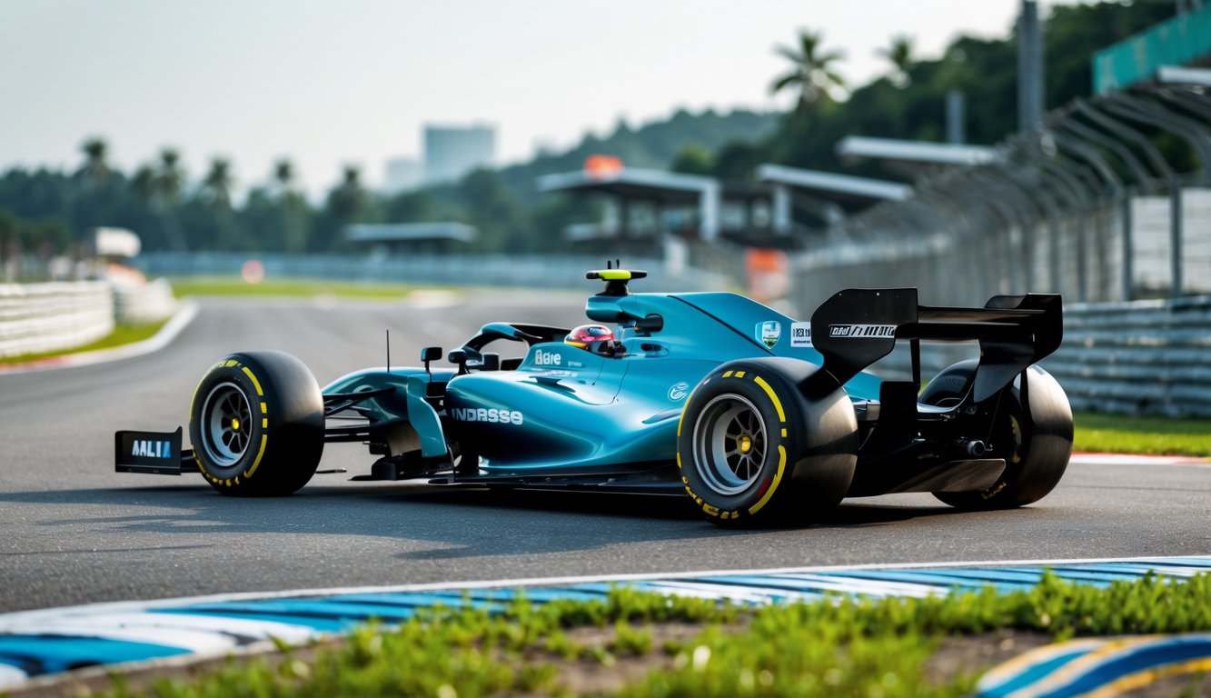 Mobil balap Formula 1 dengan ban slick baru di lintasan balap di Indonesia pada siang hari
