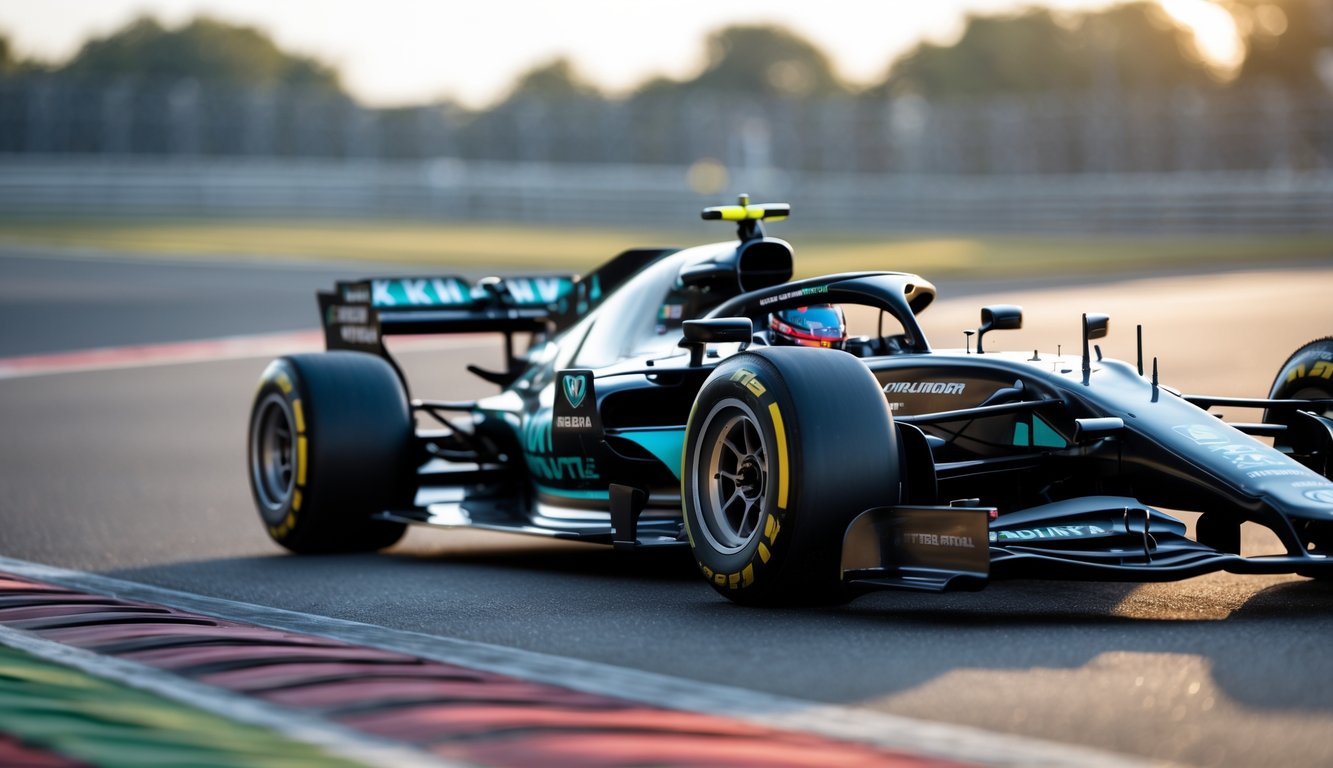 Ban slick F1 terpasang pada mobil balap Formula 1 di lintasan balap dengan latar belakang kabur.