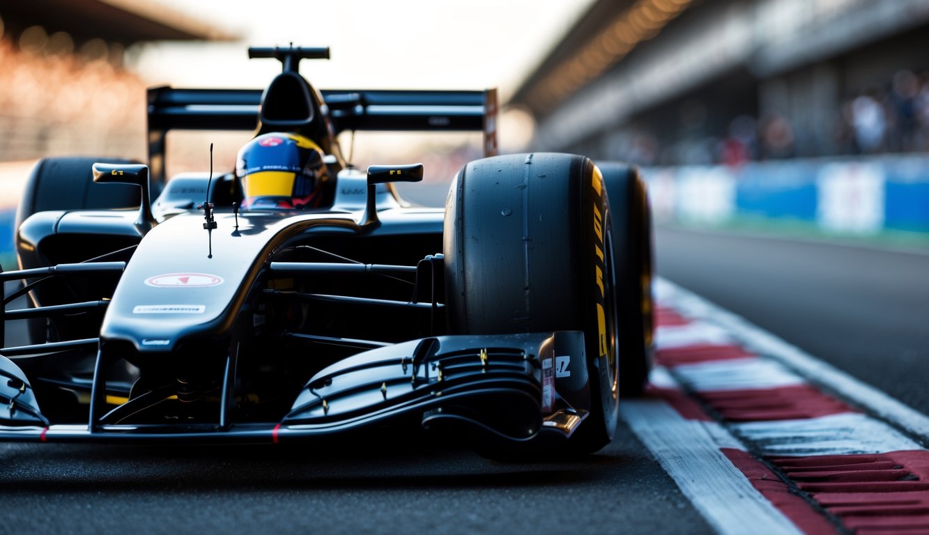 Ban slick F1 asli terpasang pada mobil balap Formula 1 di lintasan balap dengan latar belakang tribun penonton.