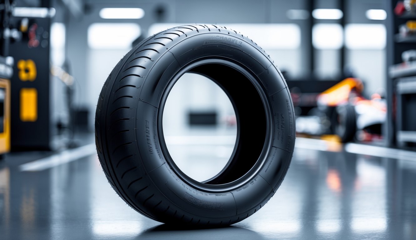 Ban slick Formula 1 baru di lantai garasi balap dengan latar belakang peralatan balap yang samar.