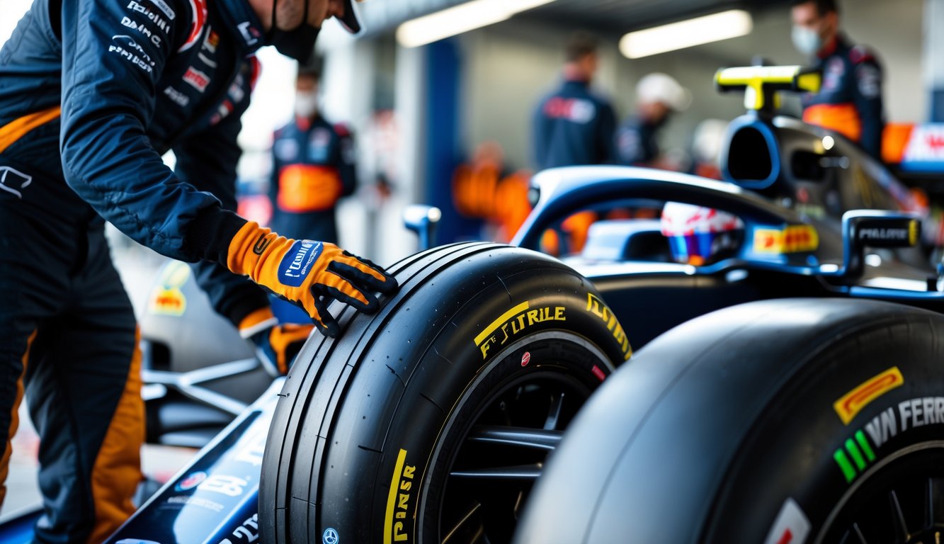 Seorang mekanik sedang memeriksa ban slick F1 asli di pit stop mobil balap Formula 1.