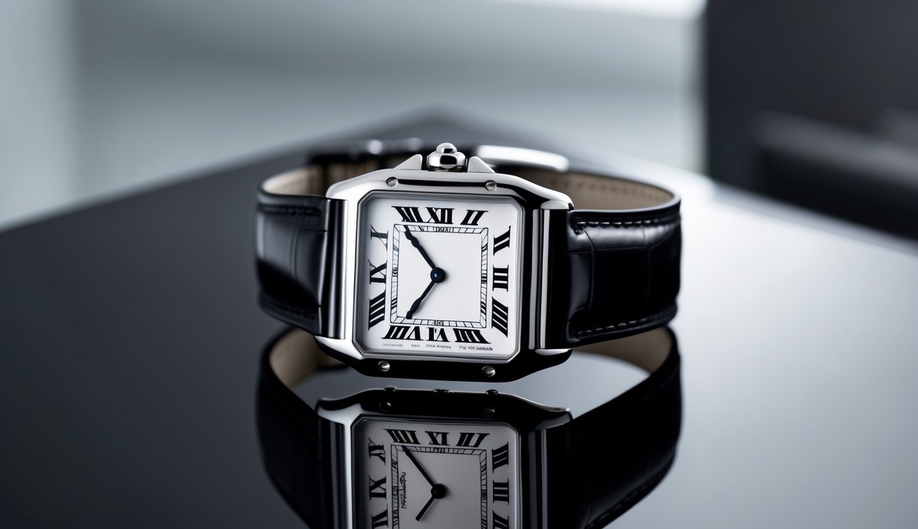 Jam tangan Cartier asli dengan tali kulit dan wajah persegi, diletakkan di permukaan hitam yang reflektif.