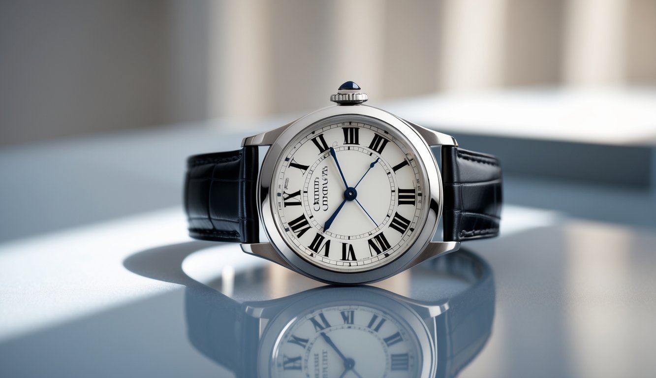 Foto jam tangan Cartier asli yang diletakkan di atas permukaan reflektif dengan latar belakang minimalis.